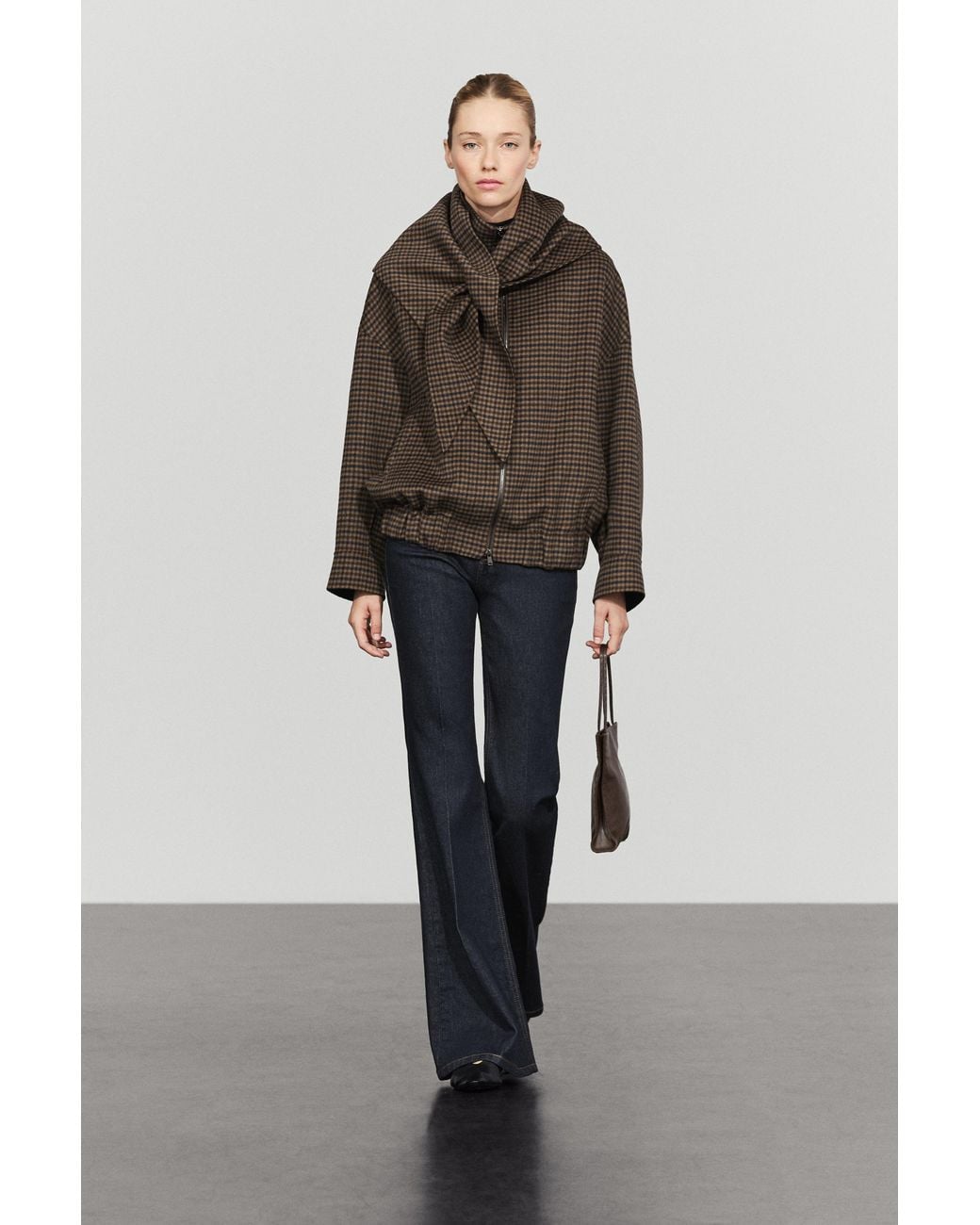 MASSIMO DUTTI Brown Gingham Bomber Jacket With Removable Suede Scarf