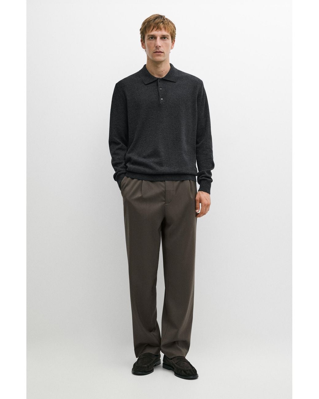MASSIMO DUTTI Black 100% Cashmere Knit Polo Sweater for men