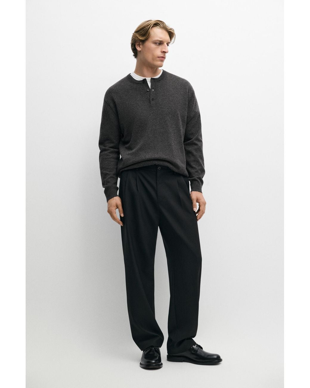 MASSIMO DUTTI Black Relaxed Fit Double-Pleat Pants for men
