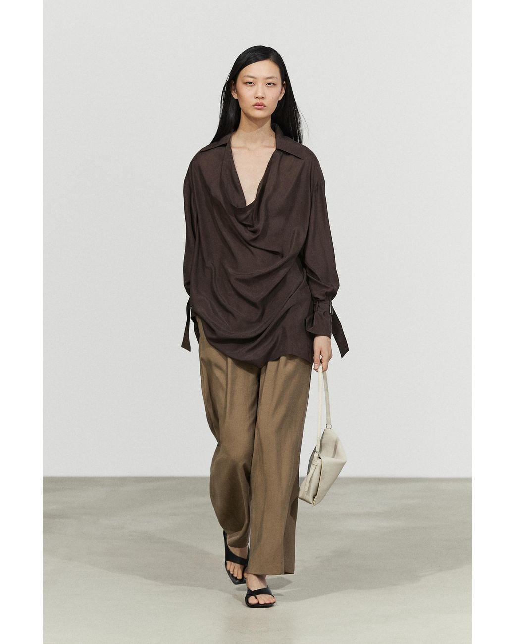 MASSIMO DUTTI Brown Flowing Blouse With Draped Neck
