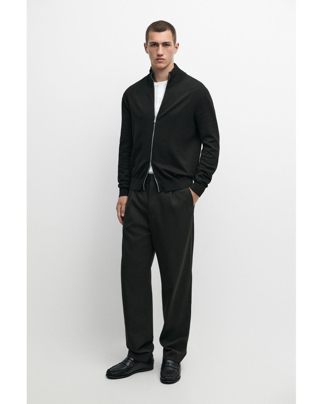 MASSIMO DUTTI Black 100% Cotton Knit Cardigan for men