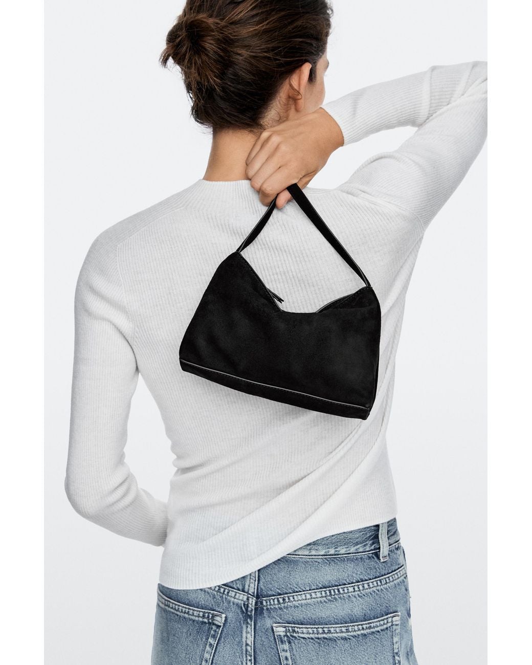 MASSIMO DUTTI Black Small Split Suede Leather Shoulder Bag