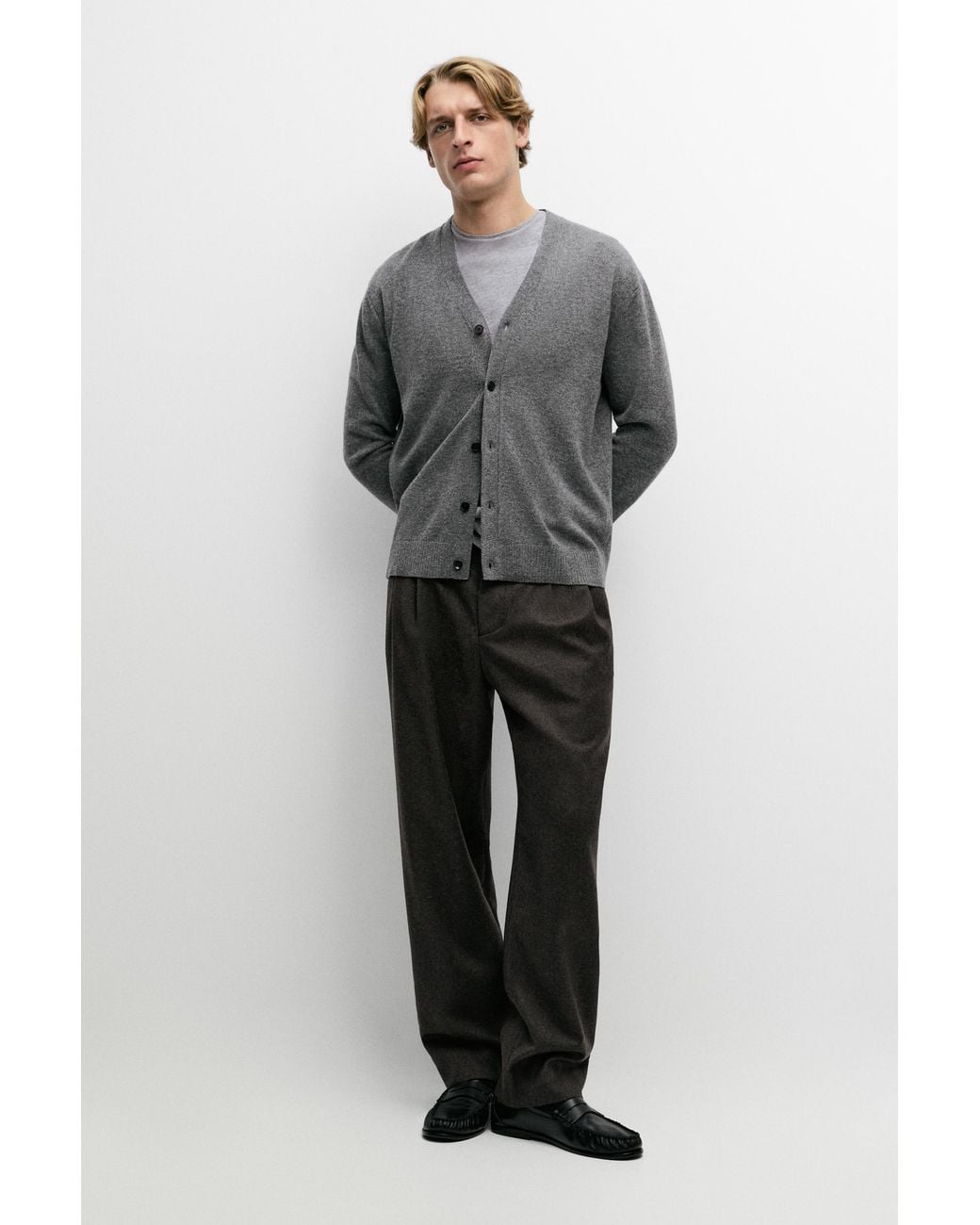 MASSIMO DUTTI Gray 100% Wool Buttoned Knit Cardigan for men