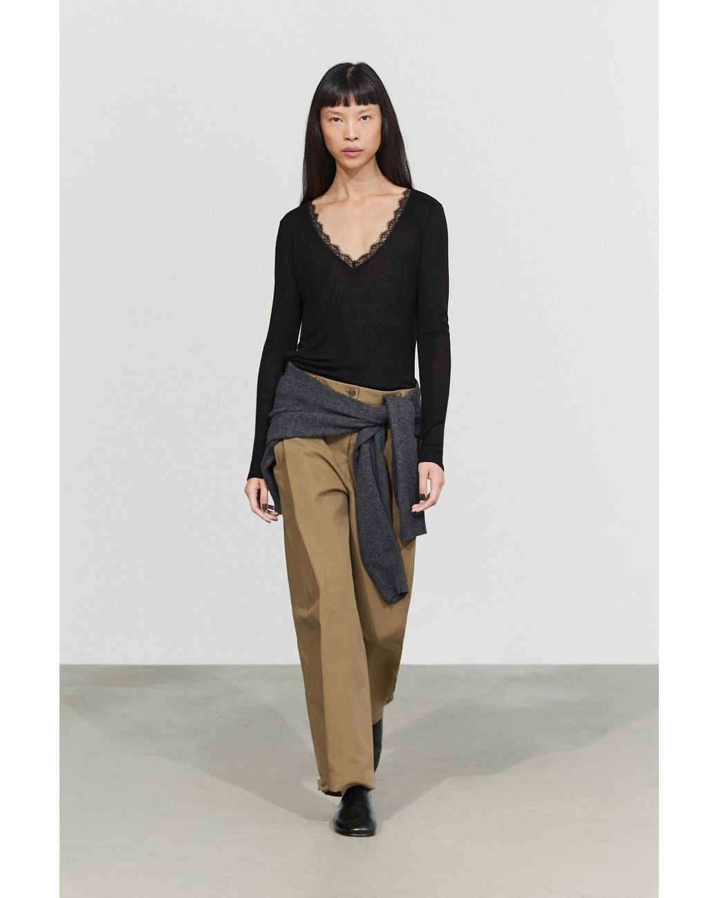MASSIMO DUTTI Black Long Sleeve T-Shirt With Lace Detail