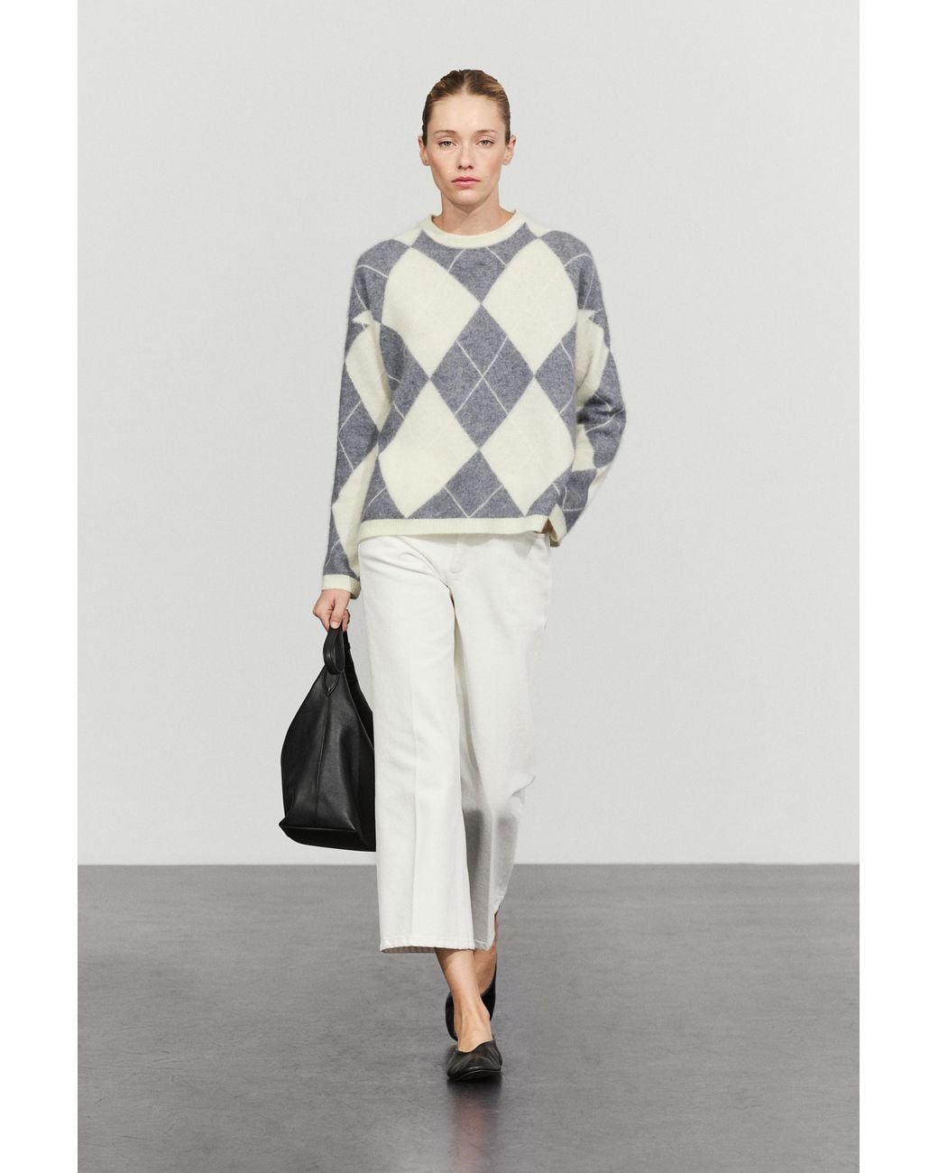MASSIMO DUTTI Blue Wool-Blend Diamond-Pattern Knit Sweater