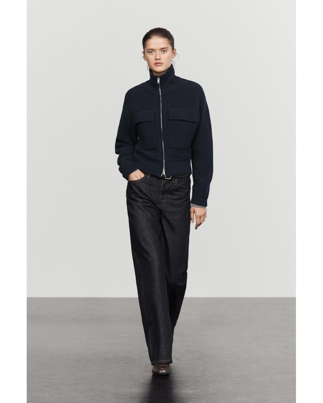 MASSIMO DUTTI Blue Cotton Zip-Up Knit Cardigan