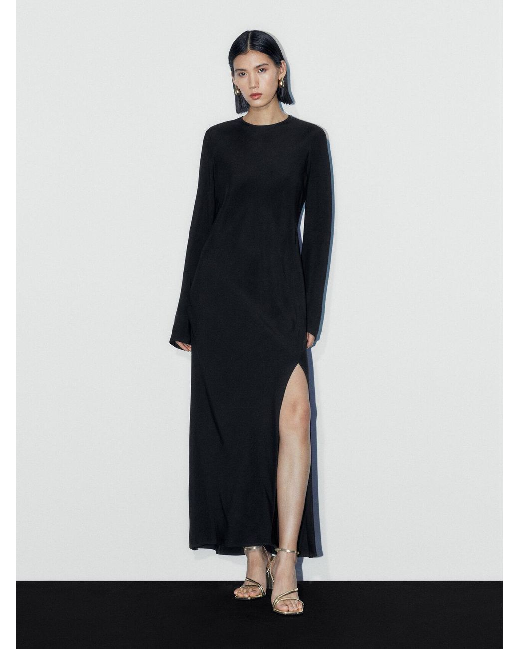 MASSIMO DUTTI Long Flowing Dress With Long Sleeves in Black Lyst