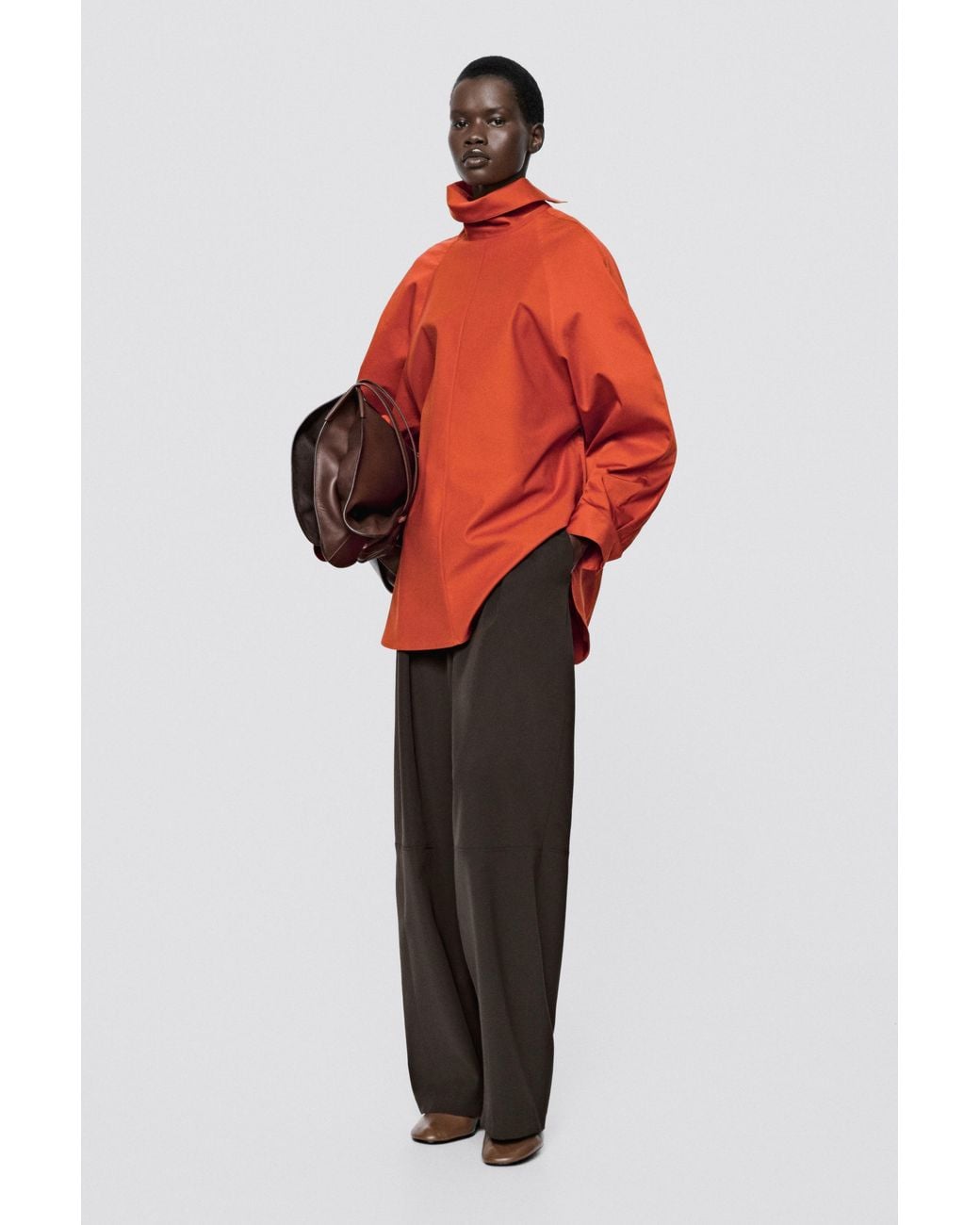 MASSIMO DUTTI Red Oversize Poplin High-Neck Shirt