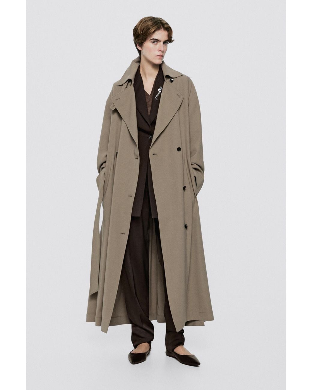 MASSIMO DUTTI Natural Fluid Long Wool Blend Trench Coat