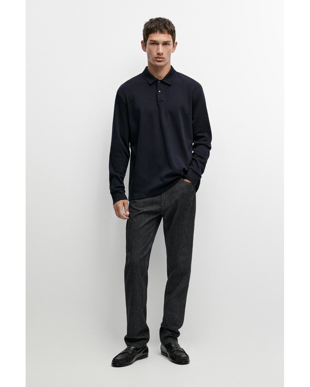 MASSIMO DUTTI Blue 100% Cotton Long Sleeve Polo Shirt for men