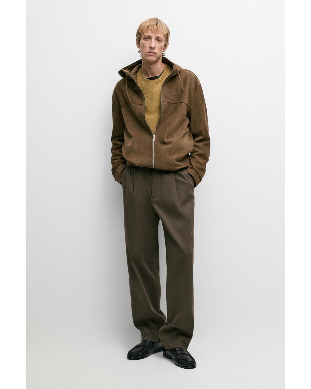 MASSIMO DUTTI Green Suede Leather Hooded Jacket for men