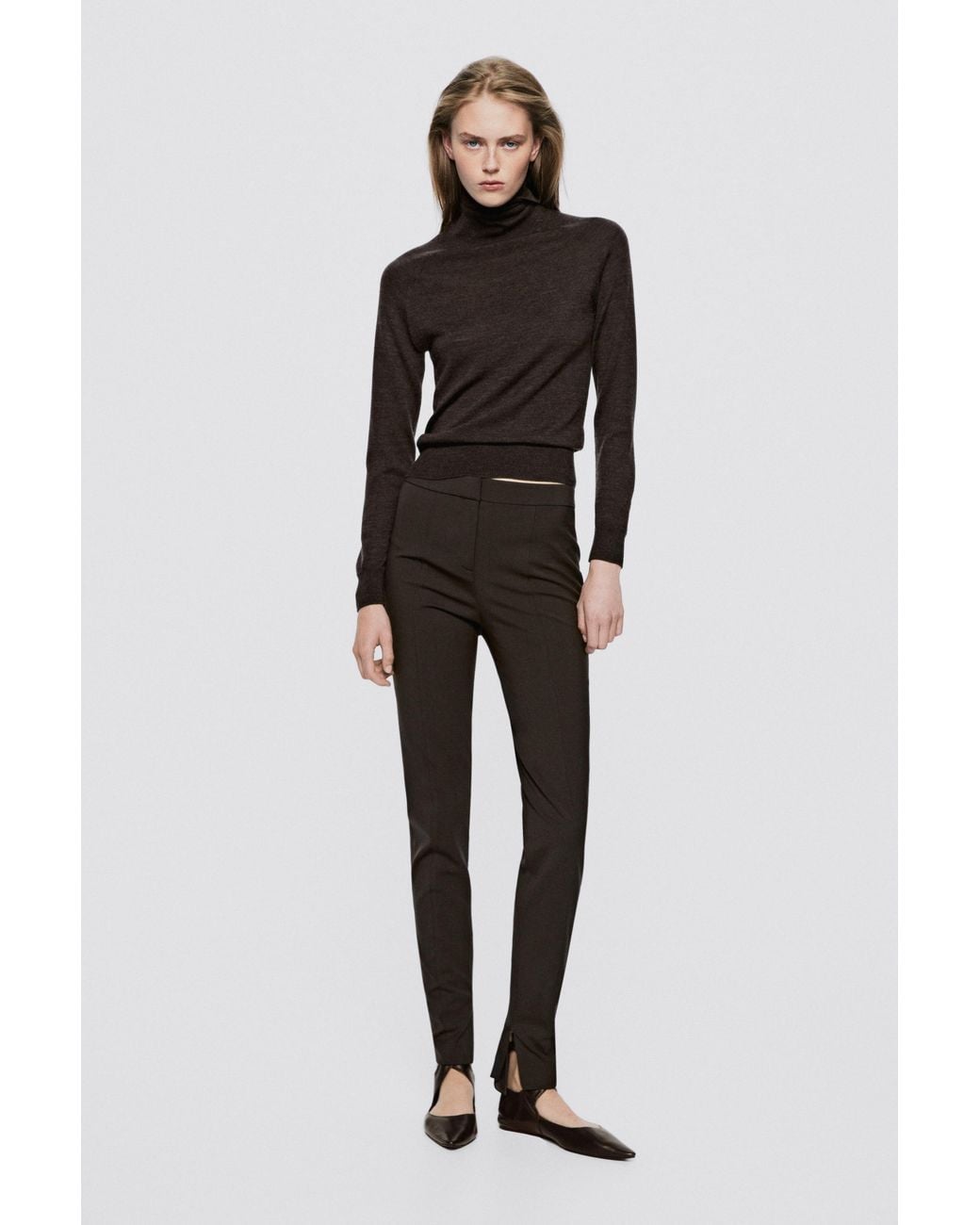 MASSIMO DUTTI Black Leather Lace-Up Ballet Flats