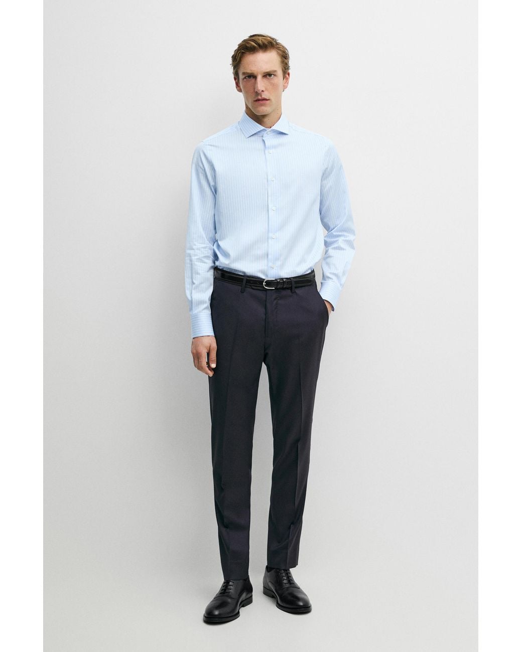 MASSIMO DUTTI Blue Slim Fit Striped 100% Cotton Shirt for men