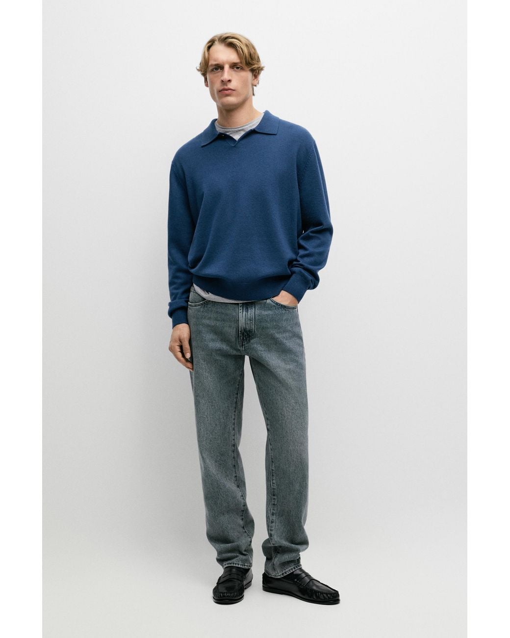 MASSIMO DUTTI Blue Wool Blend Knit Polo Sweater for men