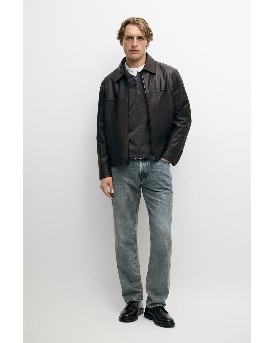 MASSIMO DUTTI Blue Jacket With Nappa Leather Collar Detail for men