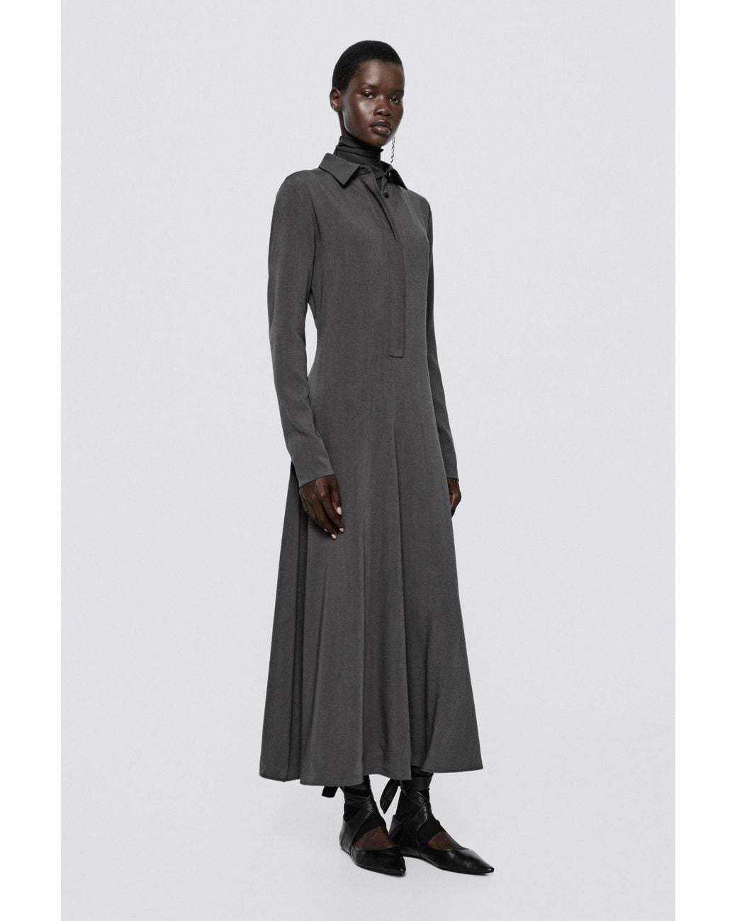 MASSIMO DUTTI White Flowing Wool-Blend Shirt Dress