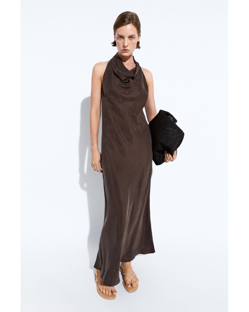 MASSIMO DUTTI Brown Draped Neckline Long Dress
