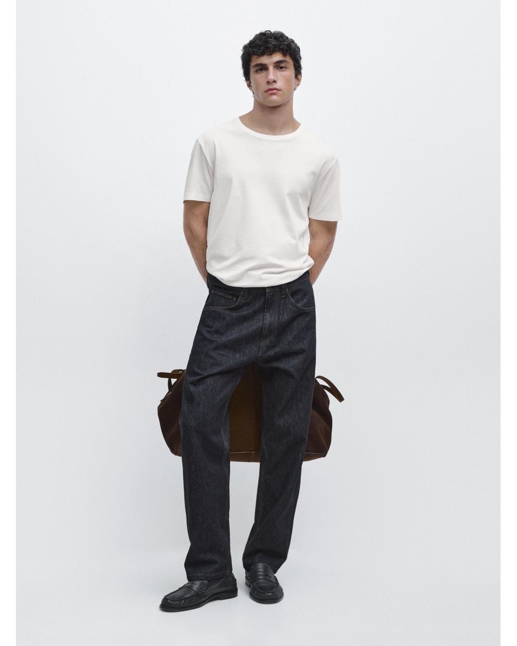 MASSIMO DUTTI White 100% Mercerised Cotton T-Shirt for men