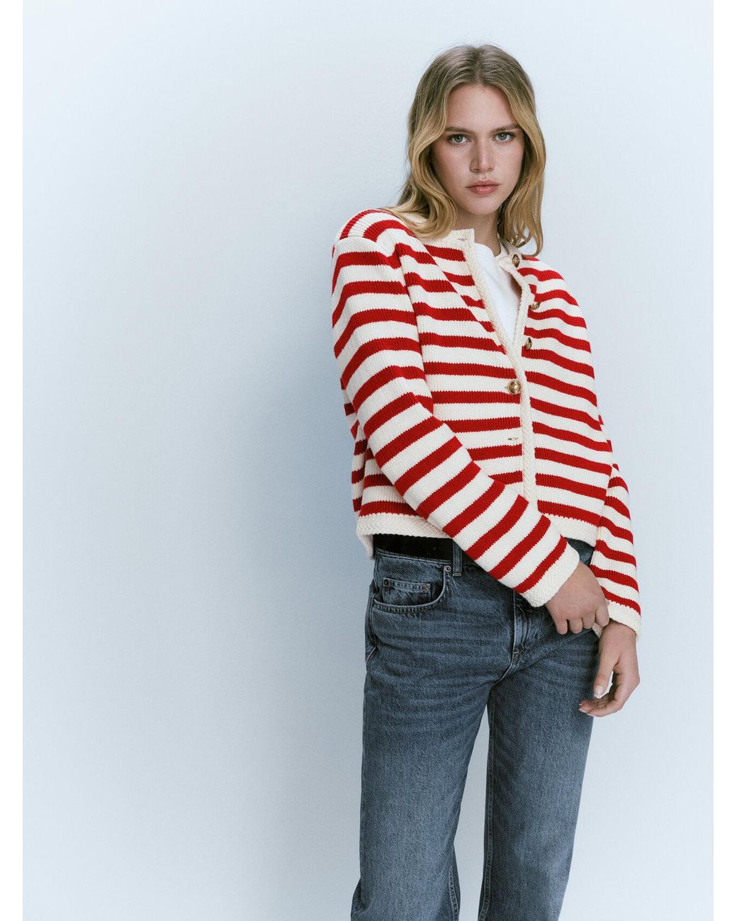 MASSIMO DUTTI Striped Knit Cardigan With Buttons in Red | Lyst