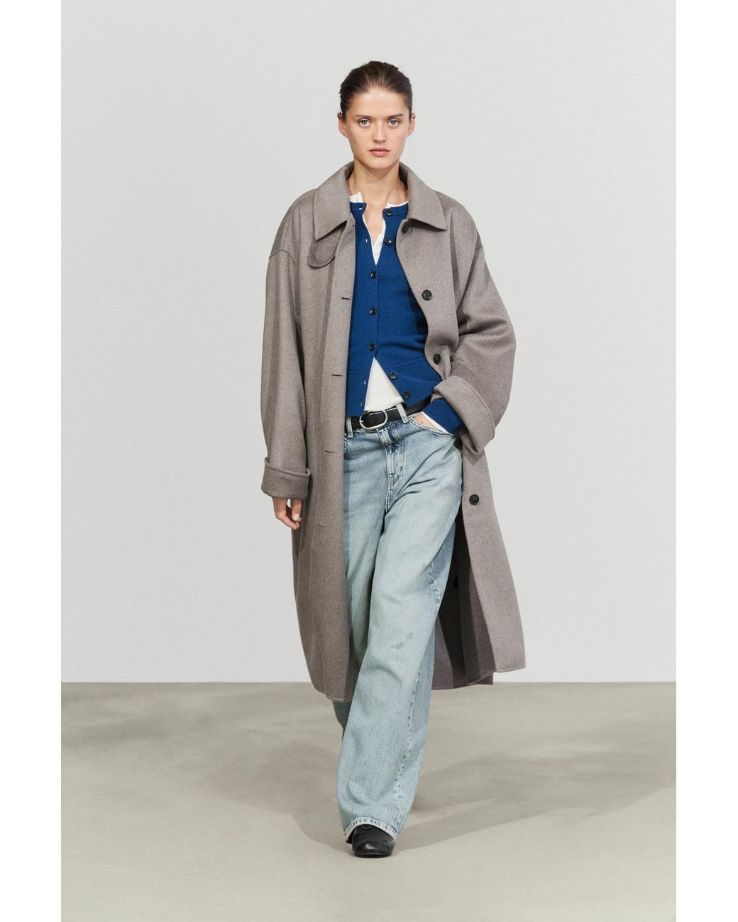 MASSIMO DUTTI Blue Long Wool-Blend Coat With Collar Detail