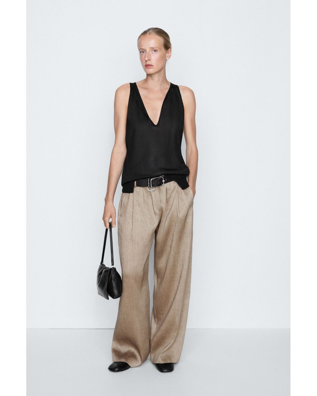 MASSIMO DUTTI Natural Satin Pleated Pants With Elastic