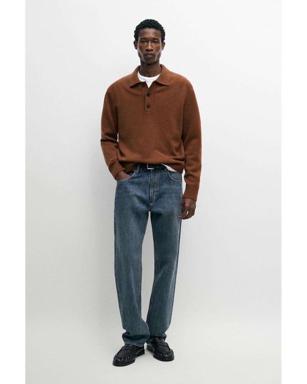 MASSIMO DUTTI Brown 100% Wool Button Detail Polo Sweater for men