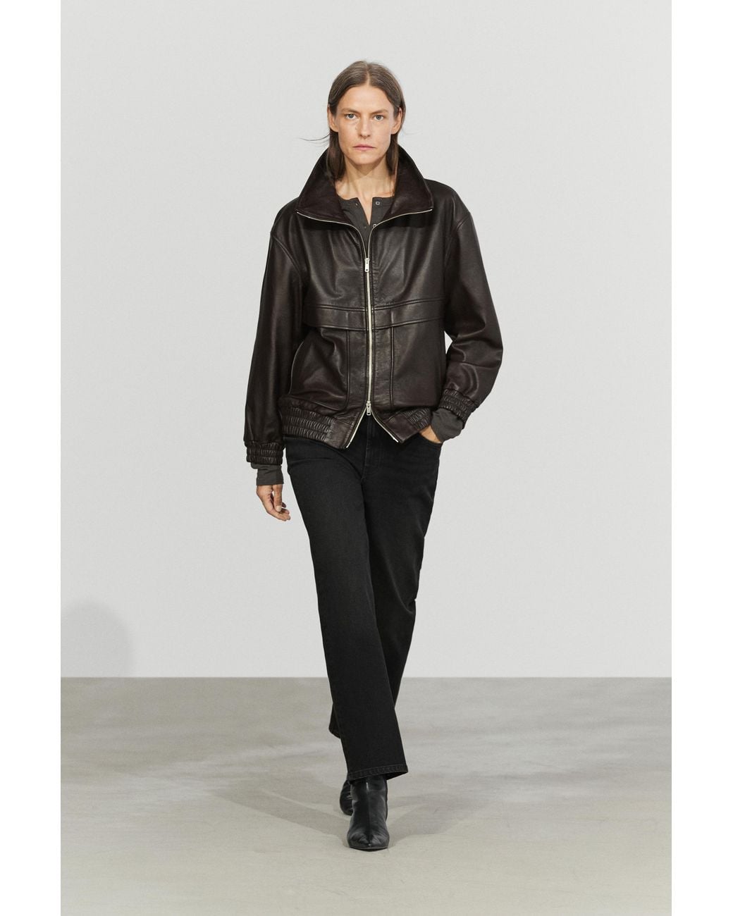 MASSIMO DUTTI Black Nappa Leather Zip Bomber Jacket