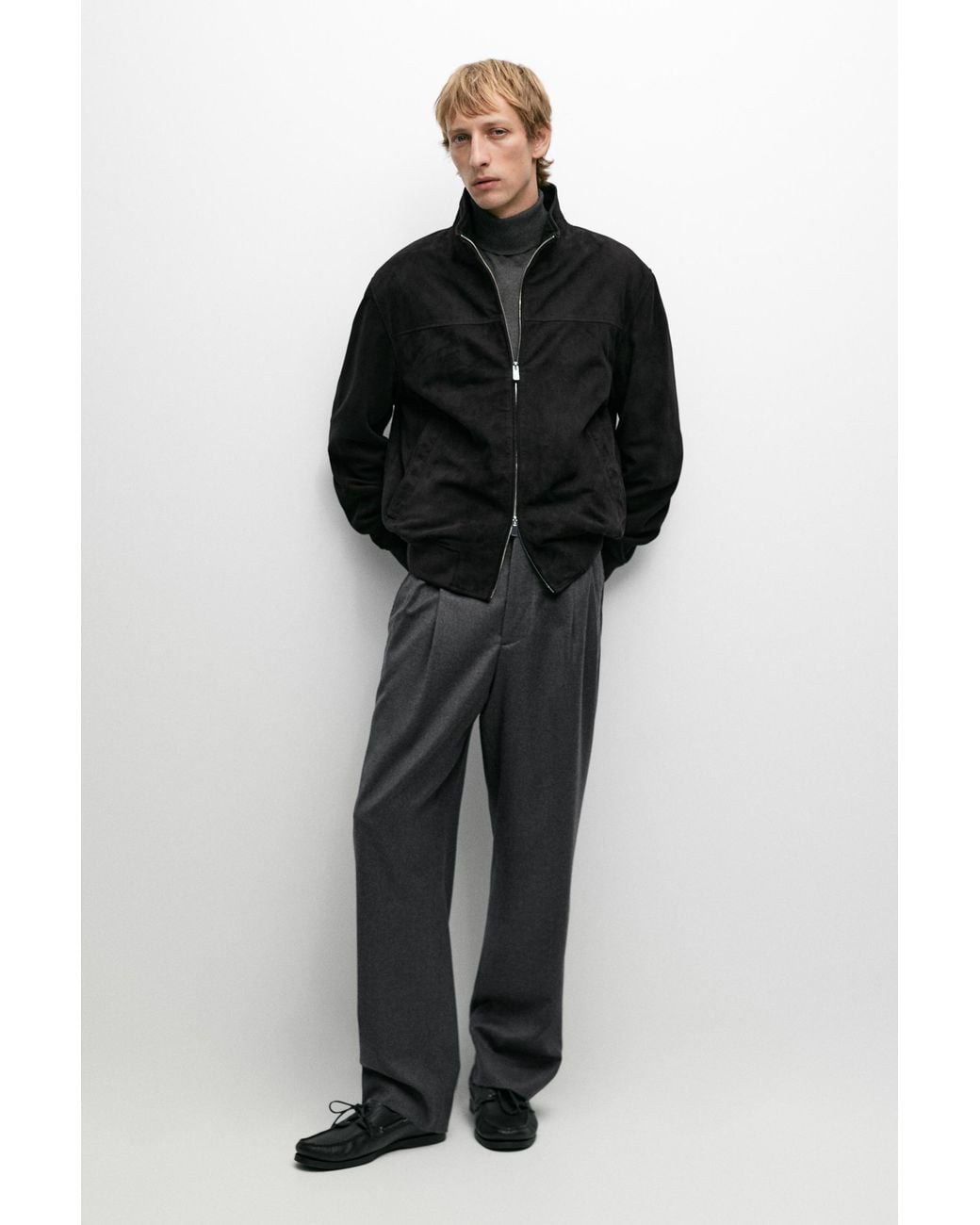 MASSIMO DUTTI Black Suede Bomber Jacket for men