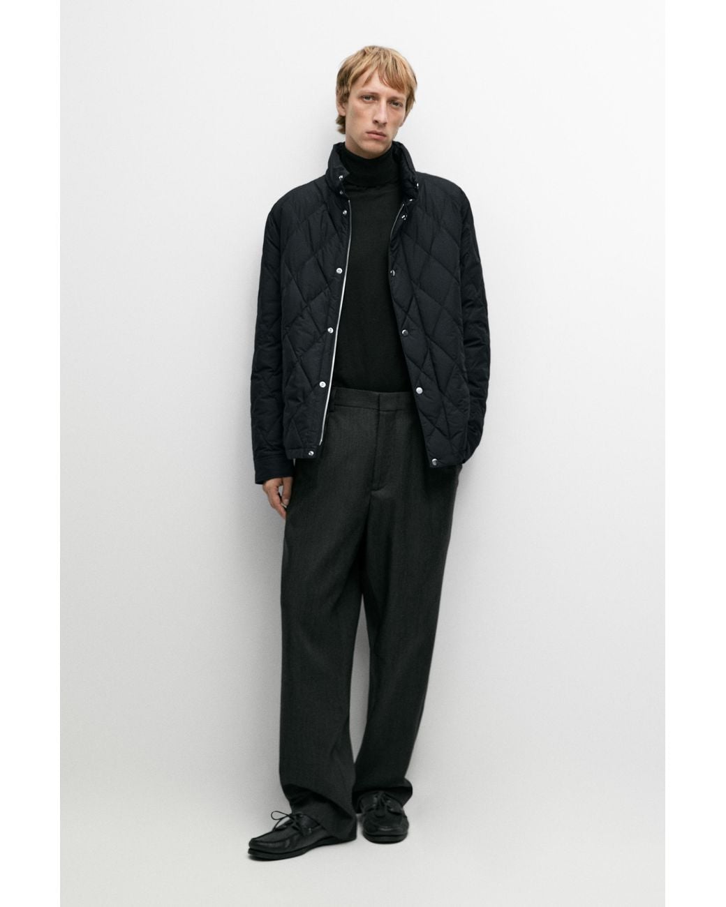 MASSIMO DUTTI Black Down Jacket With Button Detail for men