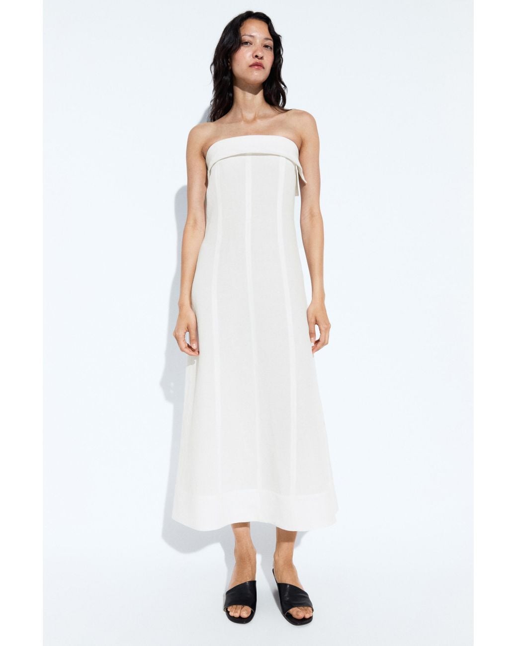 MASSIMO DUTTI White Linen Strapless Midi Dress