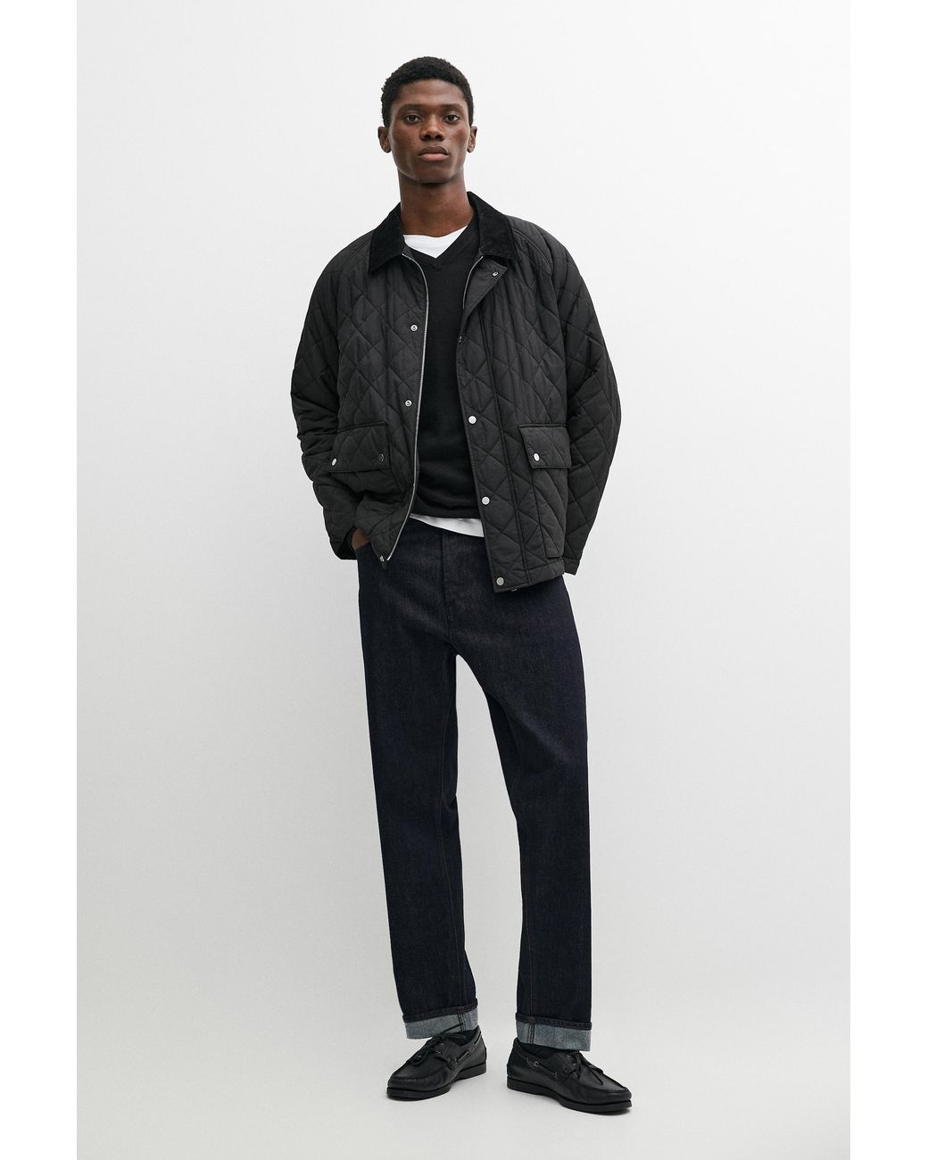 MASSIMO DUTTI Black Puffer Jacket With Corduroy Collar Detail for men
