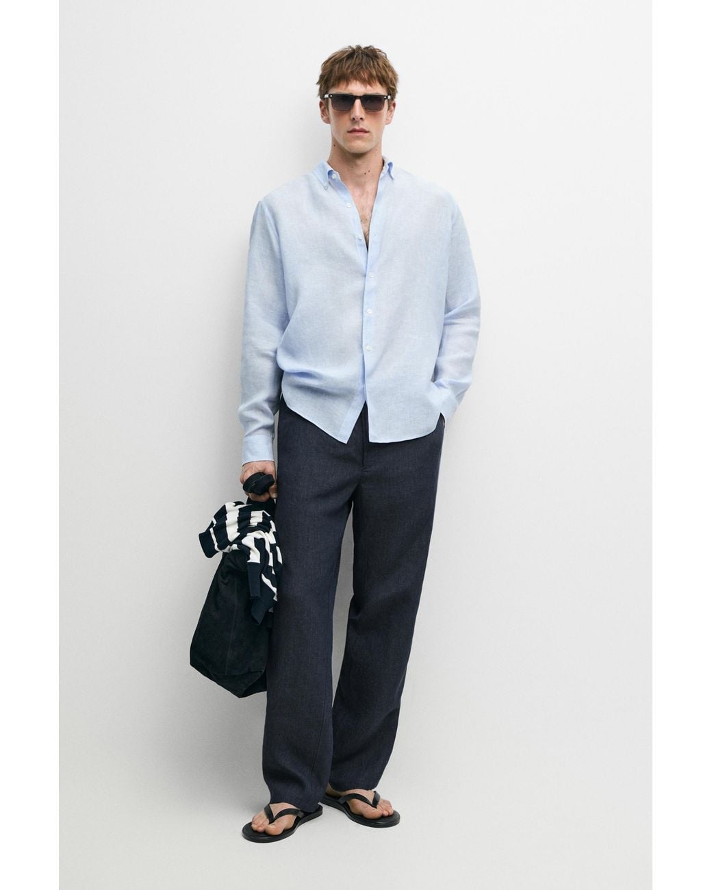 MASSIMO DUTTI Blue Regular Fit 100% Linen Pinstriped Shirt for men