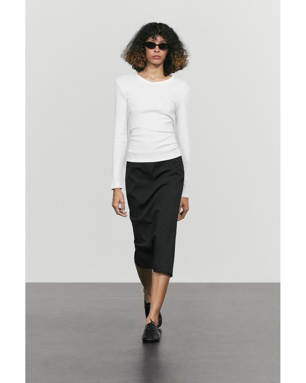 MASSIMO DUTTI White 100% Cotton V-Neck Long Sleeve T-Shirt