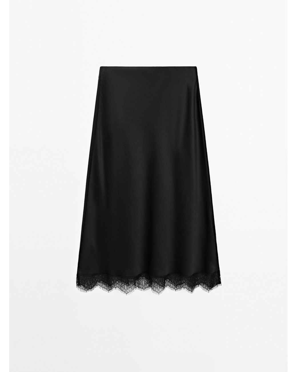MASSIMO DUTTI Satin Midi Skirt With Lace Detail in Black