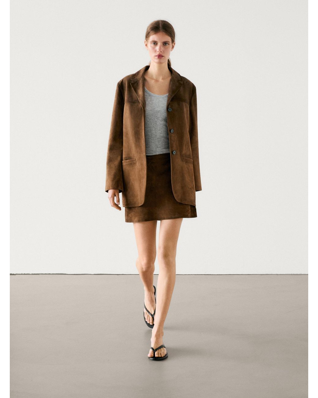 MASSIMO DUTTI Suede Leather Blazer Co-Ord in Natural Lyst UK