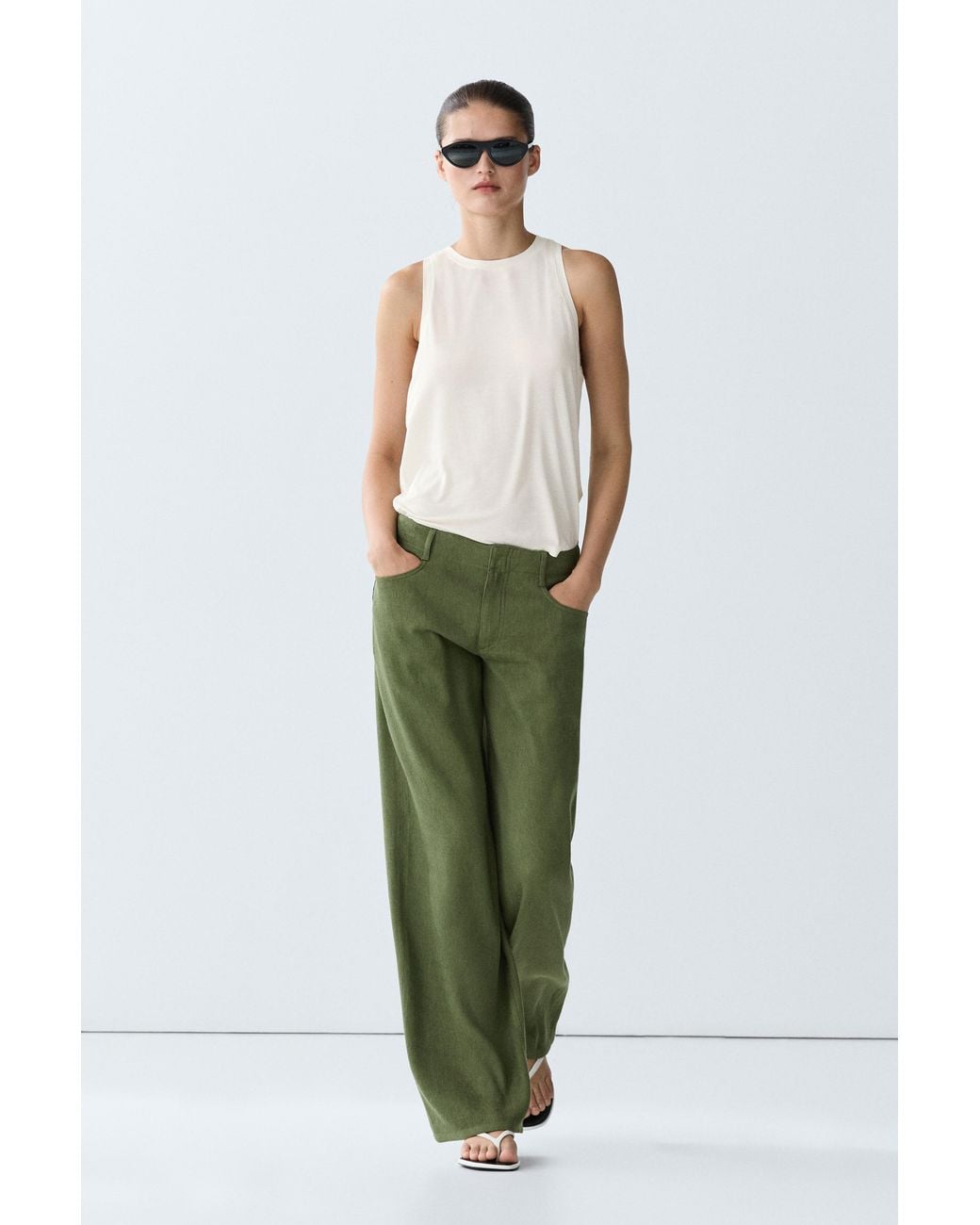 MASSIMO DUTTI Green Straight Leg Linen Blend Pants