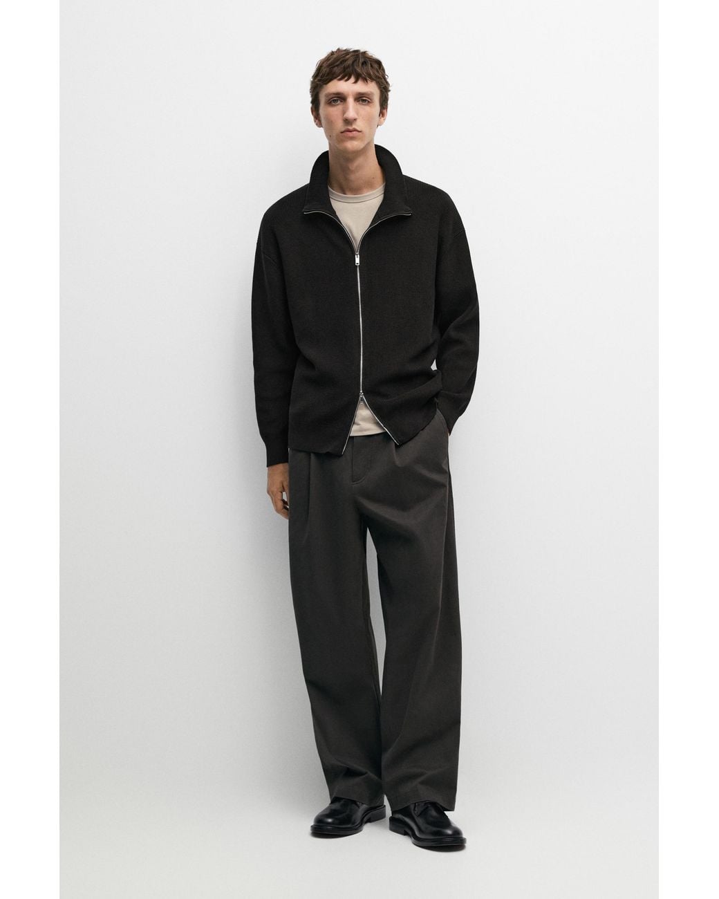MASSIMO DUTTI Black 100% Cotton Ribbed Knit Cardigan for men