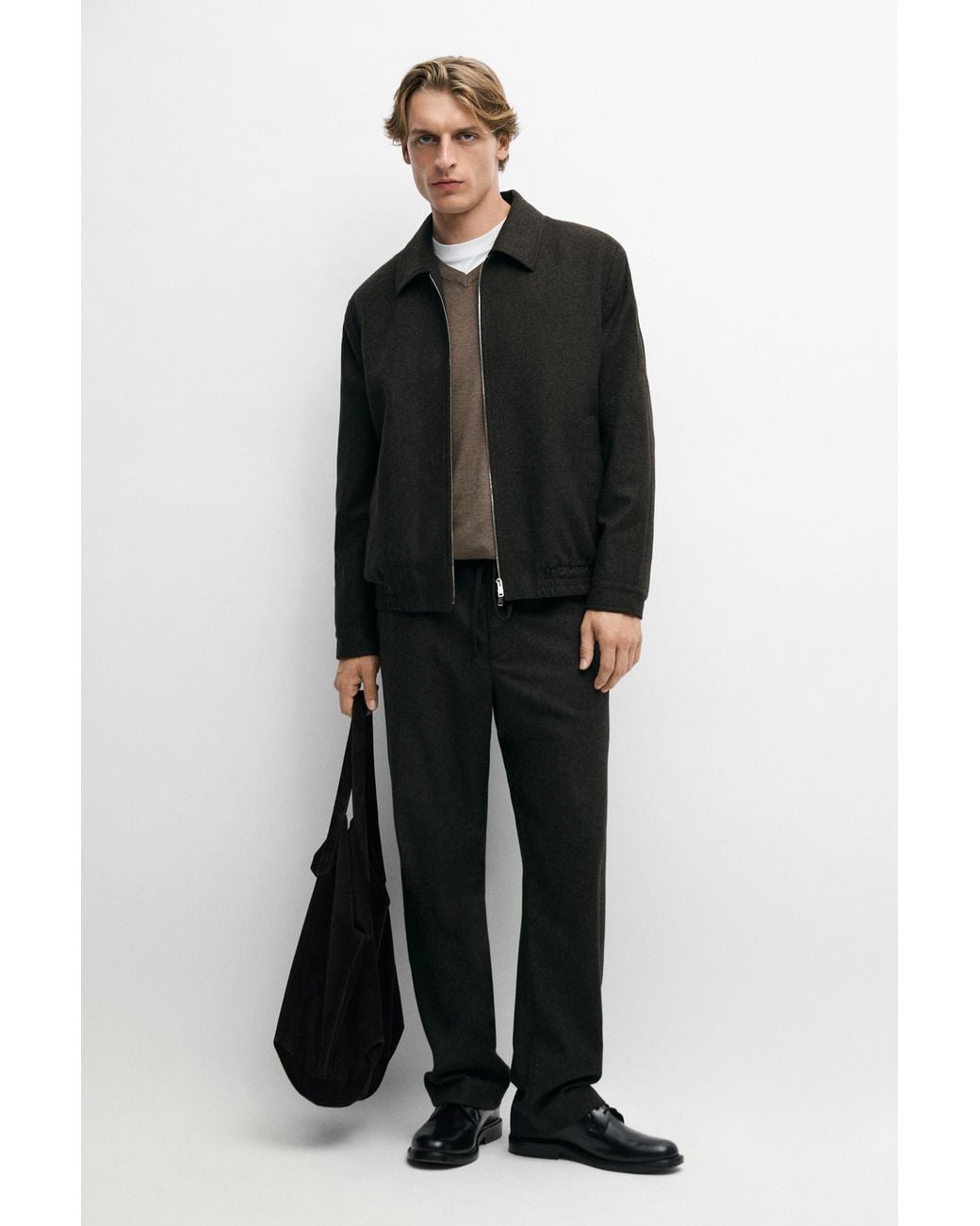 MASSIMO DUTTI Black Wool-Blend Flannel Pants Total Look for men