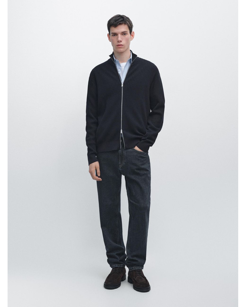 MASSIMO DUTTI Blue Cotton Zip-Up Knit Cardigan for men