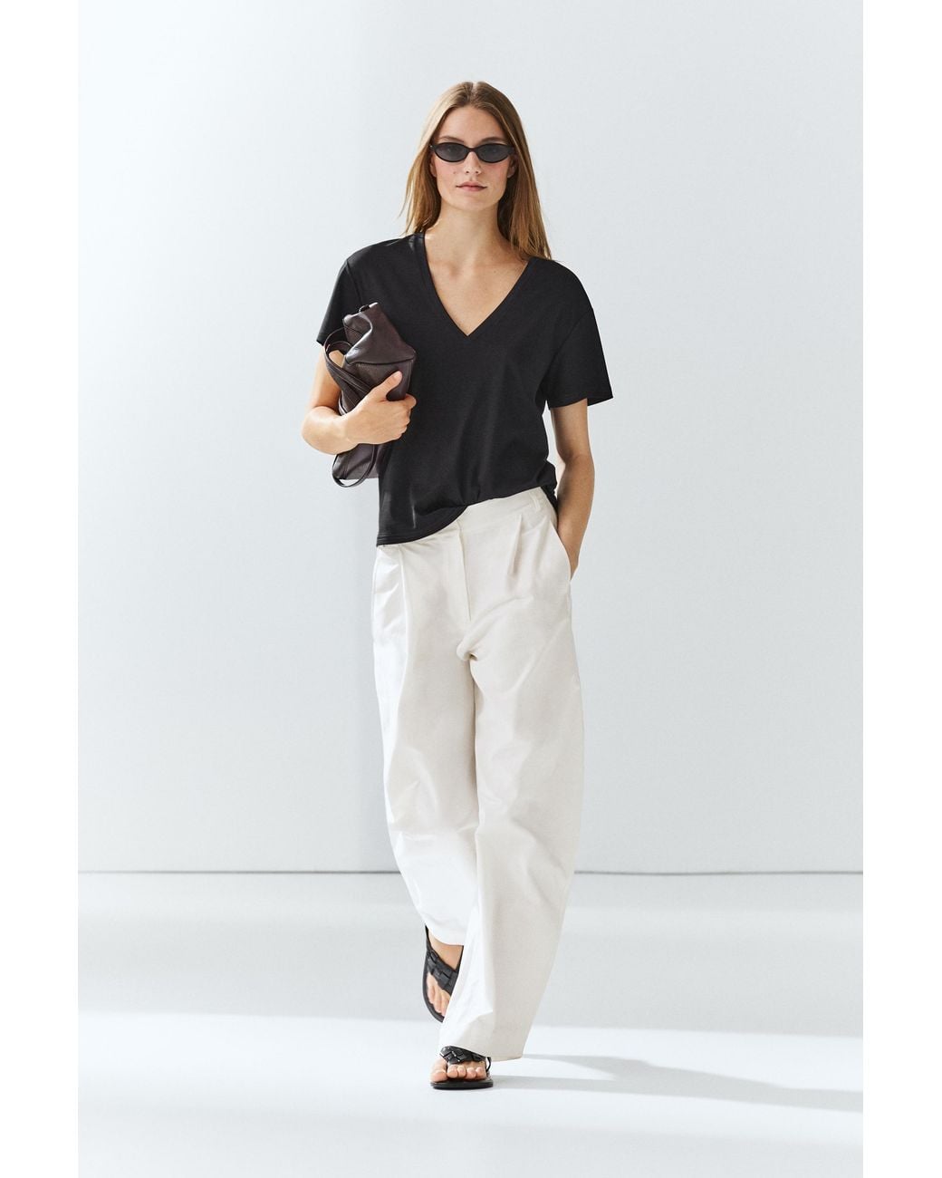 MASSIMO DUTTI White Flowing V-Neck T-Shirt