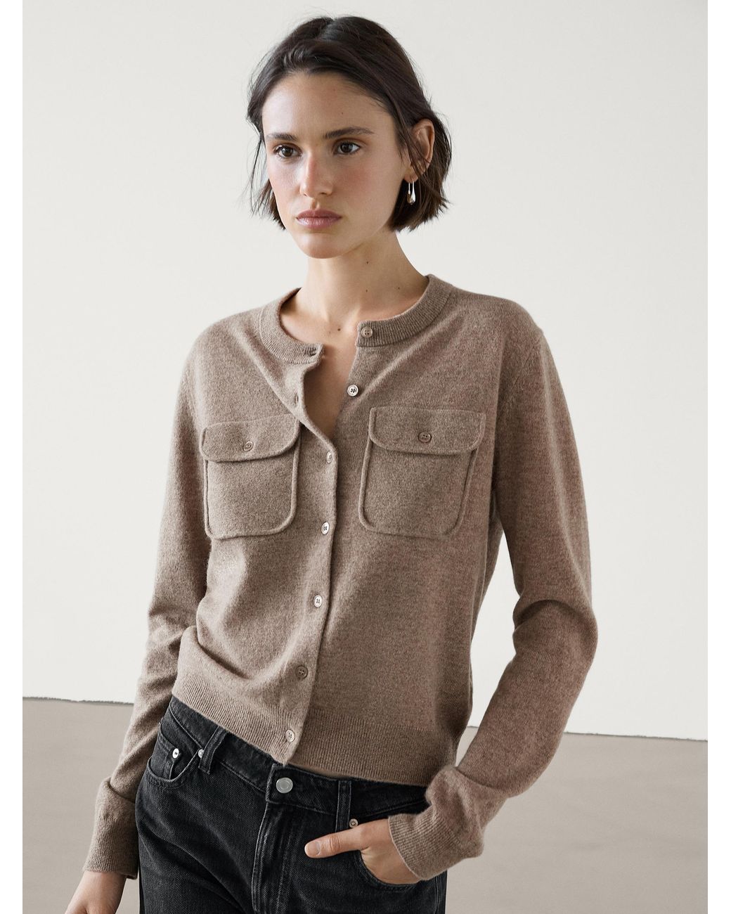 MASSIMO DUTTI Wool Blend Knit Cardigan With Pockets in Natural