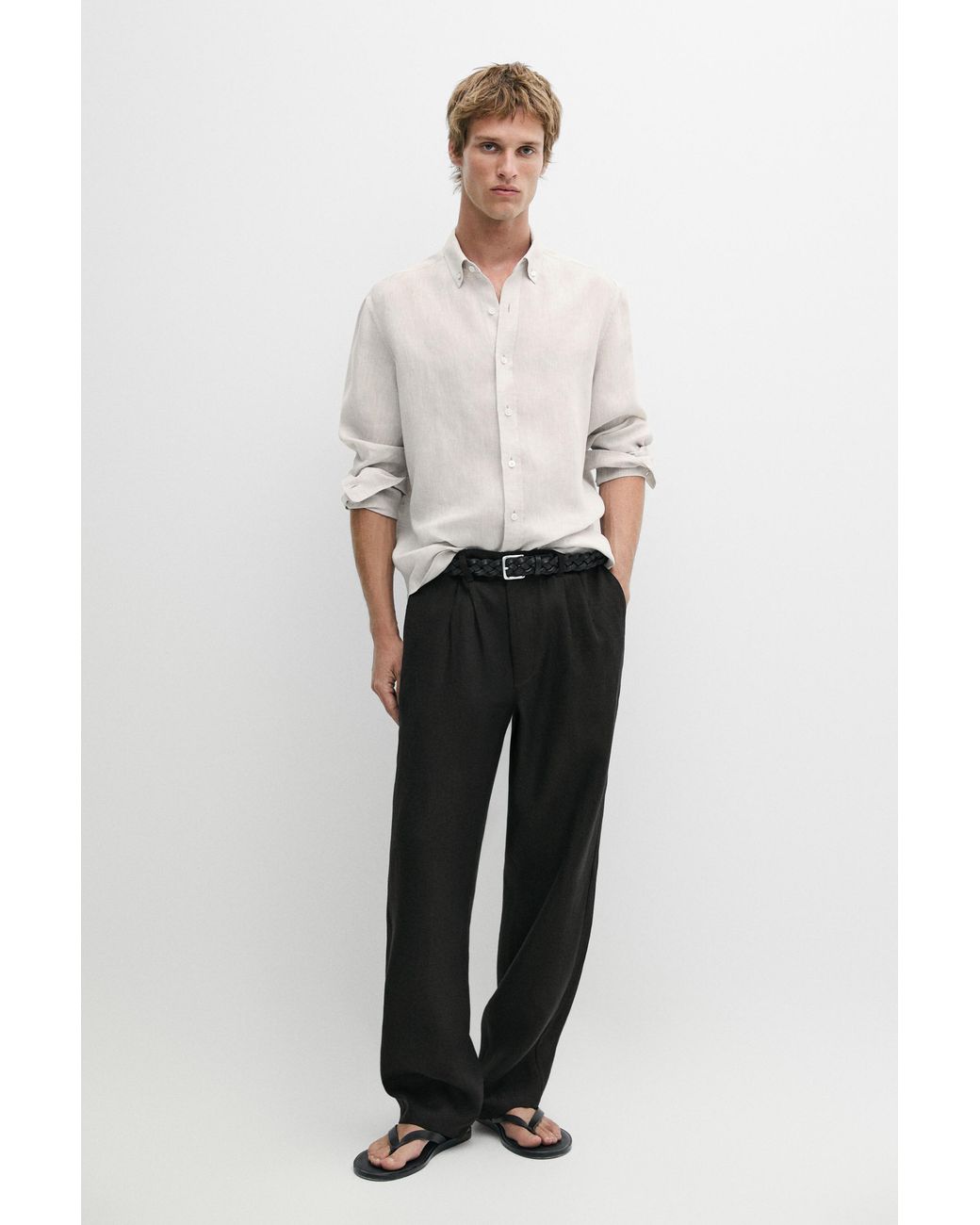 MASSIMO DUTTI White 100% Linen Regular Fit Shirt for men