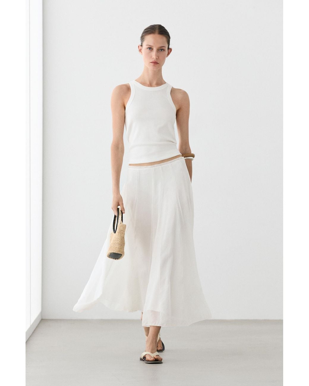 MASSIMO DUTTI White Flowy Flared Midi Skirt