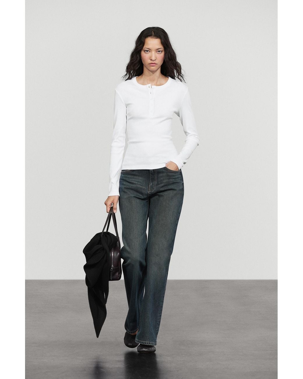 MASSIMO DUTTI White 100% Cotton Long Sleeve Henley