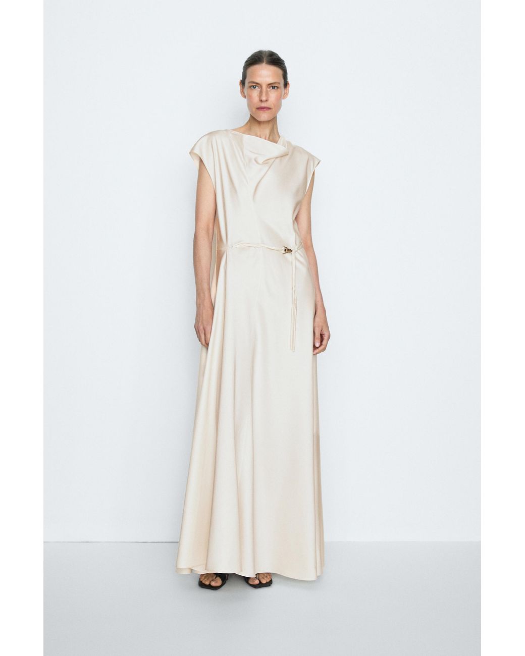 MASSIMO DUTTI White Draped Neckline Flowing Dress