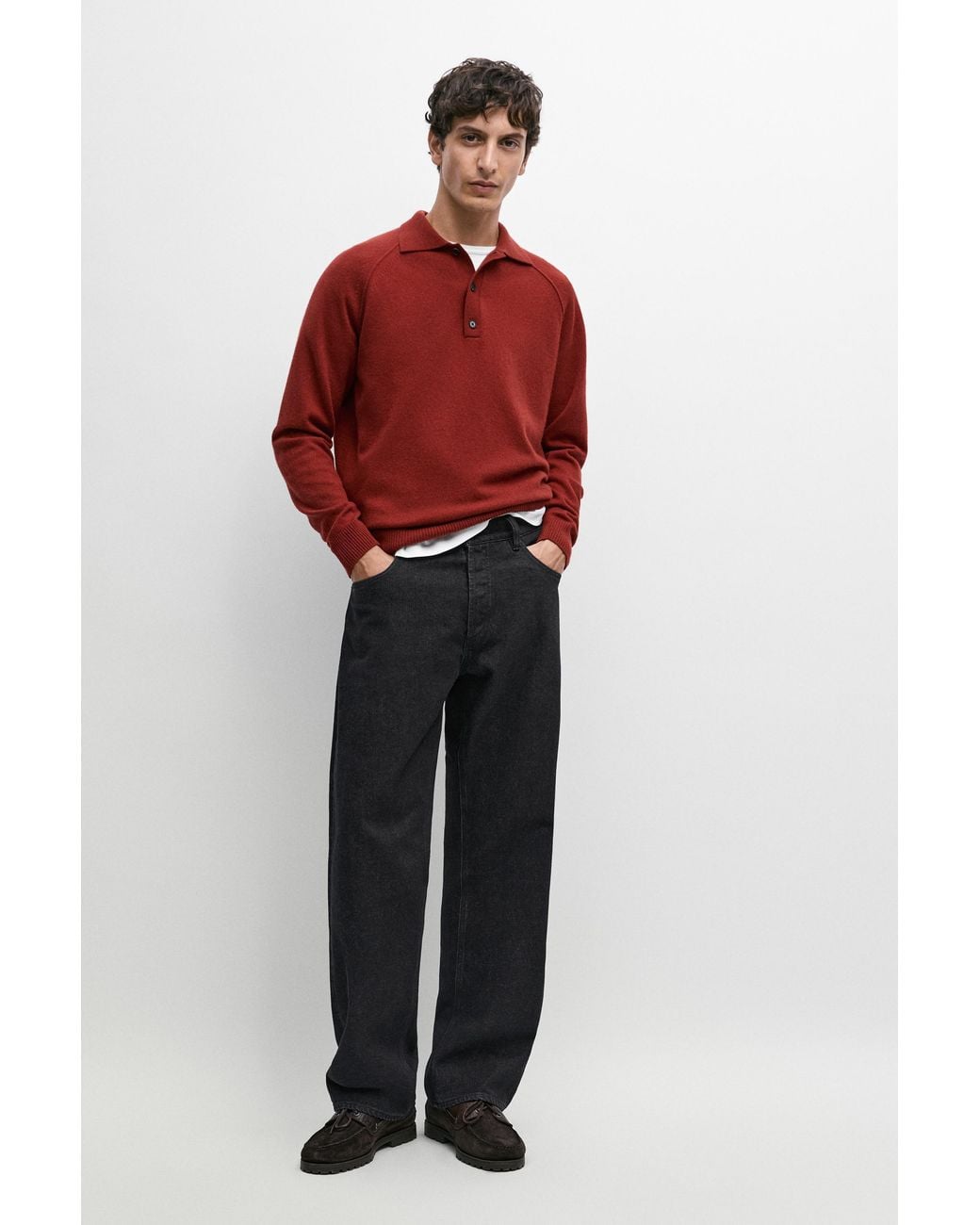 MASSIMO DUTTI Red 100% Wool Knit Polo Sweater for men