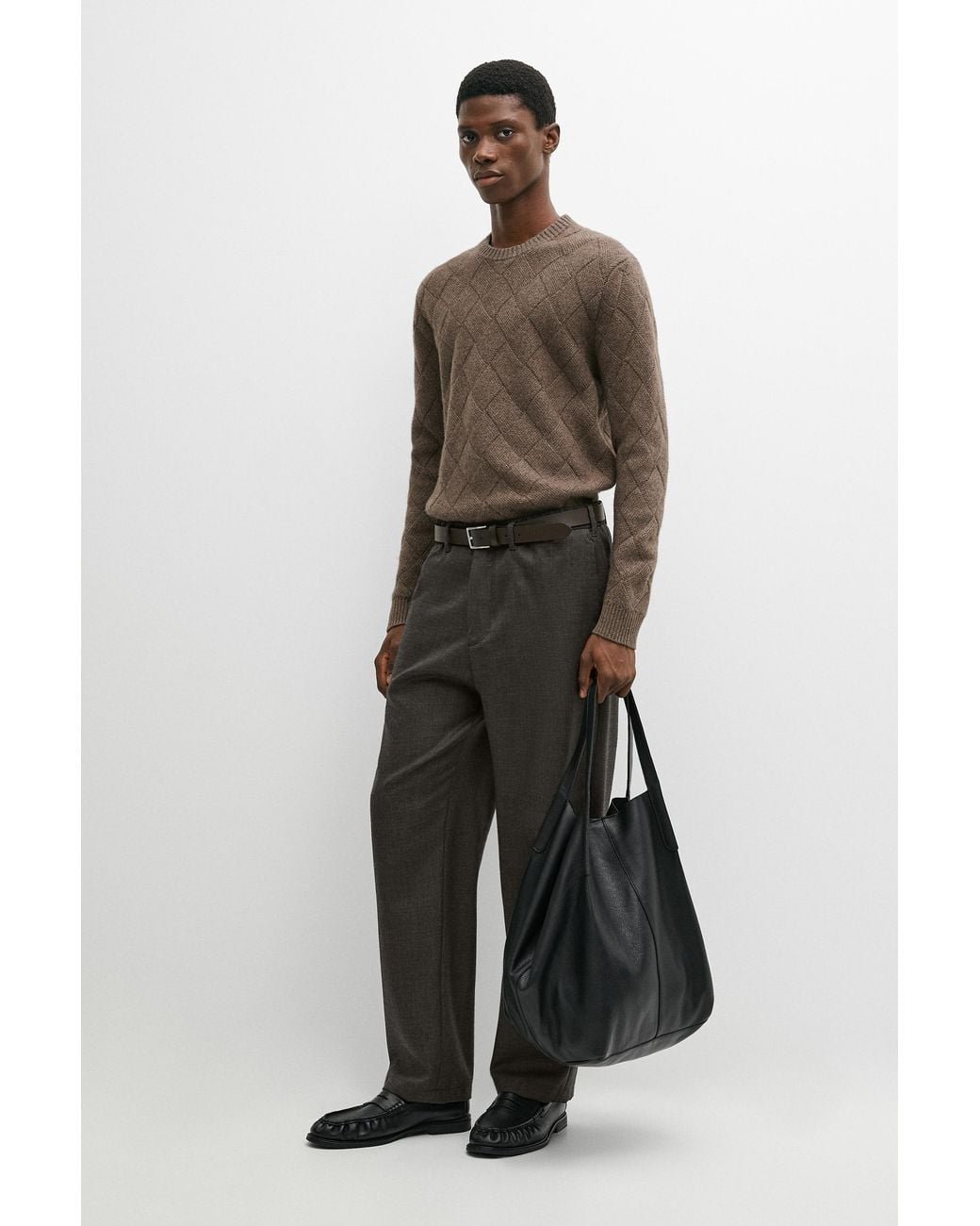 MASSIMO DUTTI White Relaxed Fit 100% Wool Pants With Elastic Waistband for men
