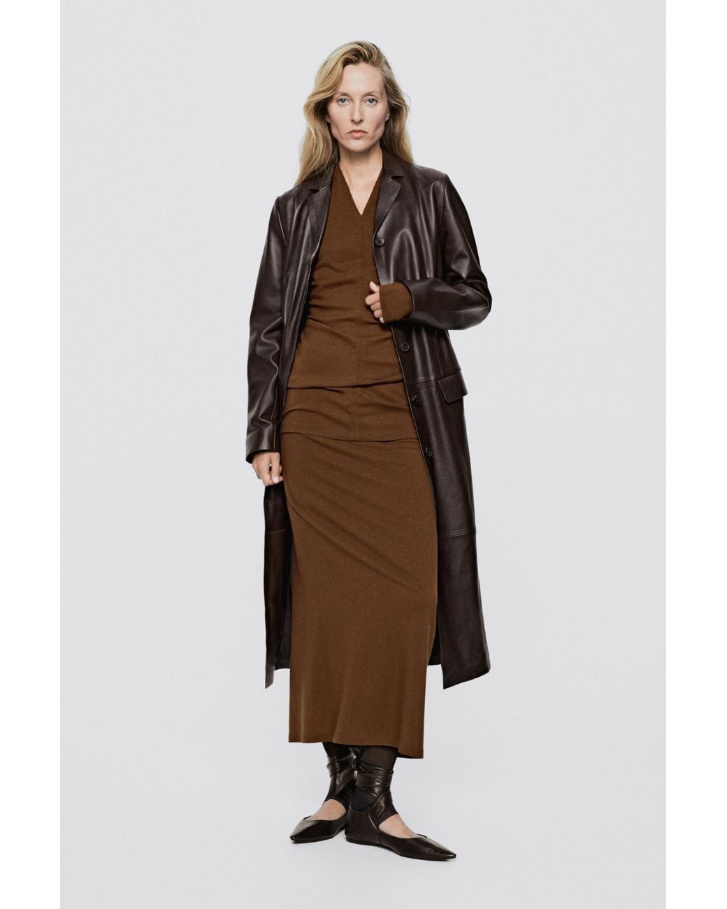 MASSIMO DUTTI Brown Stretch Long Sleeve V-Neck Top