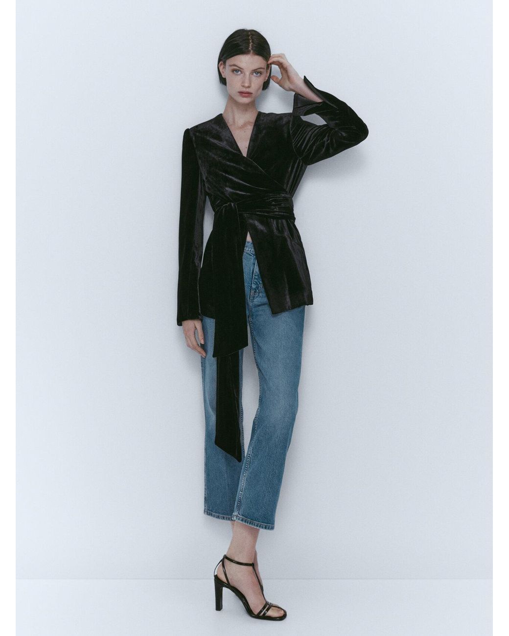 MASSIMO DUTTI Velvet Blazer With Tie Detail in Black Lyst