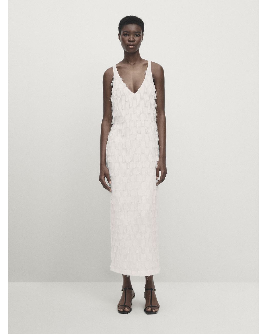 Vestido Tirantes Devoré Desflecado MASSIMO DUTTI de color Blanco